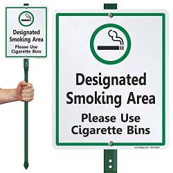 SmartSign Designated Smoking Area Sign with Stake, Please Use Cigarette Bins Sign for Yard, 10x12 Aluminum Metal Sign with 3 Feet Stake, Easy Installation, Weather Resistant, Made in USA