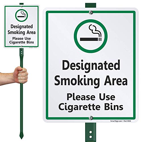 SmartSign Designated Smoking Area Sign with Stake, Please Use Cigarette Bins Sign for Yard, 10x12 Aluminum Metal Sign with 3 Feet Stake, Easy Installation, Weather Resistant, Made in USA