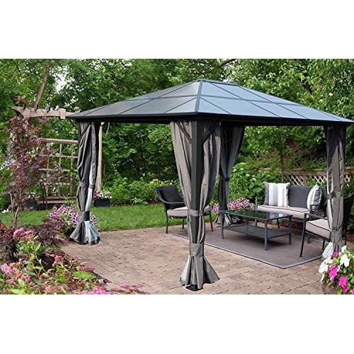 Kozyard 10ftx12ft Polycarbonate Top Aluminum Permanent Gazebo with a Mosquito Net and Privacy Curtain (Edward 10ftx12ft)