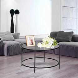 VINGLI 26 Modern Round Coffee Table Tempered Glass Accent Table with Metal Frame for Living Room