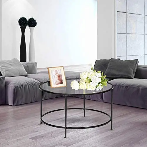 VINGLI 26 Modern Round Coffee Table Tempered Glass Accent Table with Metal Frame for Living Room VINGLI 26 Modern Round Coffee Table Tempered Glass Accent Table with Metal Frame for Living Room