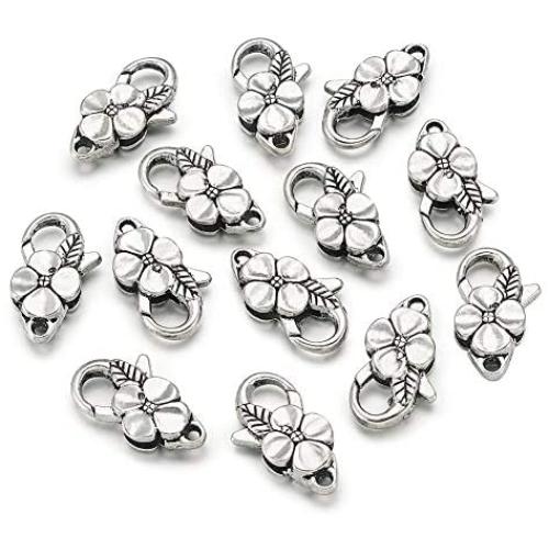 Kissitty 20-Piece Antique Silver Large Flower Lobster Claw Clasps 1x0.55'' (25x14mm) Tibetan Metal Fastener Hook Triger Clasps for DIY Craft Jewelry Making