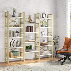 Tribesigns Triple Wide 5-Shelf Bookcase, 5 Tier Etagere Large Open Bookshelf Faux White Marble Look Shelves Wood and Metal Bookcases Furniture for Home & Office, Gold