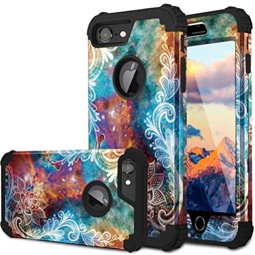 Fingic iPhone 8 Case, iPhone 7 Case, Floral 3 in 1 Heavy Duty Protection Hybrid Hard PC & Soft Silicone Rugged Bumper Anti Slip Full-Body Shockproof Protective Cover Case for Apple iPhone 7/8,Mandala