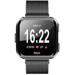 MEFEO Compatible with Fitbit Versa Bands, Stainless Steel Metal Band Mesh Bracelet with Strong Magnet Lock Wristbands Replacement for Fitbit Versa/Versa 2/Versa Lite/SE (Black, Small)