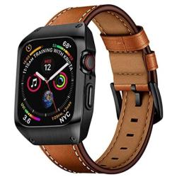 EloBeth 44mm Band Case Compatible with Apple Watch Band 44mm Series 6/5/4 & Apple Watch SE 44mm Bands, Genuine Leather Bands & Metal/PC Protective Case for iWatch Series 6/5/4/SE 44mm (Brown/Black)