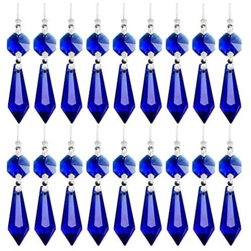 20 Pieces Chandelier Icicle Crystal U-Drop Prisms Lamp Parts Glass Pendants Beads for Wedding, Party or Holiday Decoration, 37mm, Blue