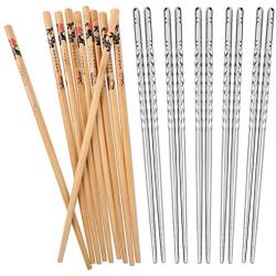 Hiware 10 Pairs Reusable Chopsticks Set Include 5 Pairs Metal Stainless Steel Spiral Chopsticks and 5 Pairs Natural Bamboo Chopsticks 8.8 Inches, Easy to Hold