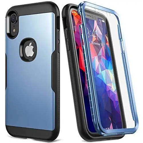 YOUMAKER Metallic Designed for iPhone XR Case, Full Body Rugged with Built-in Screen Protector Slim Fit Shockproof Cover for iPhone XR 6.1 Inch - Blue/Black