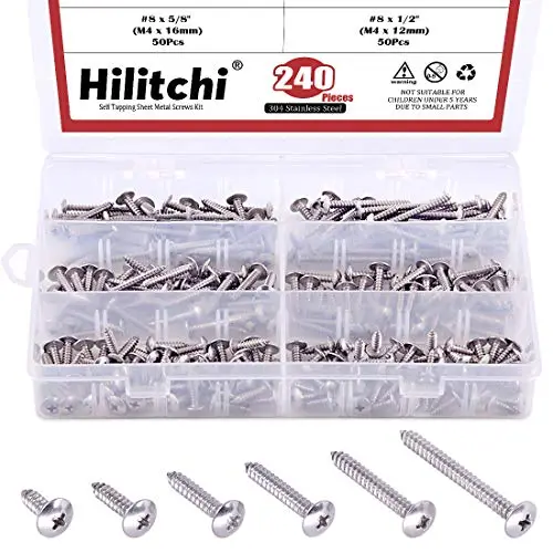 Hilitchi 240 Pcs #8 304 Stainless Steel Phillips Truss Head Self Tapping Sheet Metal Screws Assortment Kit Set