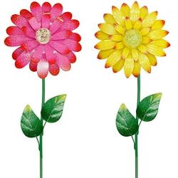 Juegoal 25 Inch Flower Garden Stakes Decor, Shaking Head Metal Outdoor Sunflowers Daisy Glow in Dark Metal Yard Art, Indoor Outdoor Lawn Pathway Patio Ornaments,Set of 2