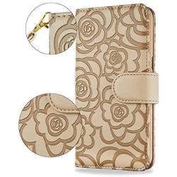 FLYEE Case Compatible with Galaxy S8(5.8 inch,Released in 2017),Wallet Case for Women and Girls with Card Holder,[Embossed Flower] Premium Flip PU Leather Protective Case with Wrist Strap -Beige