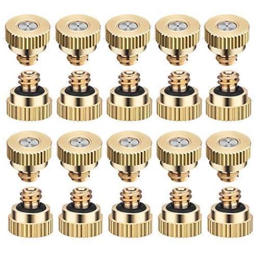 20 Pack Brass Misting Nozzles Tees, Brass Spray Nozzles for Greenhouse Landscaping, Dust Control Mist Nozzle Sprinkler for Outdoor Cooling System 0.012 Orifice (0.3 mm) 10/24 UNC Garden