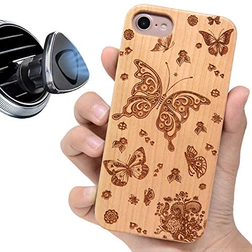 iProductsUS Wood Phone Case Compatible with iPhone SE (2020), iPhone 8, 7, 6/6S and Magnetic Mount, Engraved Butterflies and Flowers, Built-in Metal Plate, TPU Protective Cover (4.7 inch)