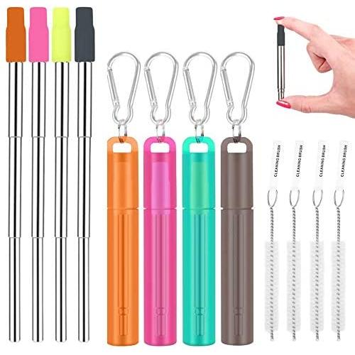 Fomuson 4 Pack Reusable Straws Metal Straw - Portable Stainless Steel Straw Telescopic Straw with Case, and are Suitable for Coffee, Juice, Smoothie, Milkshake