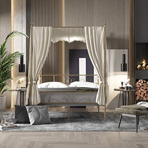 WeeHom Queen Size Metal Canopy Bed Frame No Box Spring Needed Support Mattress Foundation Easy Set-Up Steel Platform Bed Gold
