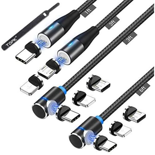 TOPK Magnetic Charging Cable,(4-Pack,1ft,3ft,3ft,6ft)3A Fast Charging Data Transfer USB Magnetic Cable,Nylon Braided 3 in 1 USB C,Micro USB Phone Charger Cable Compatible with iProduct