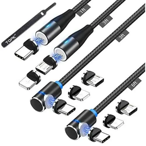 TOPK Magnetic Charging Cable,(4-Pack,1ft,3ft,3ft,6ft)3A Fast Charging Data Transfer USB Magnetic Cable,Nylon Braided 3 in 1 USB C,Micro USB Phone Charger Cable Compatible with iProduct