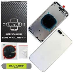 CELL4LESS Back Housing Assembly Metal Frame w/Back Glass - Wireless Charging pad - Sim Card Tray and Camera Frame and Lens for iPhone 8 Plus (White)