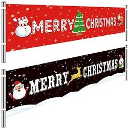 2 Pieces Large Christmas Outdoor Banner Porch Hanging Sign Merry Christmas Banner for Christmas Decoration Party Supplies Outdoor Indoor, 9.5 by 1.6 Ft