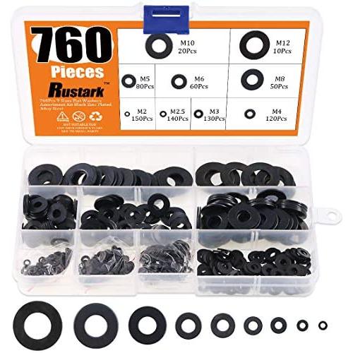 Rustark 760-Pcs [9 Sizes] Black Zinc Plated Alloy Steel Flat Washers Set Hardware Assortment Kit - M2 M2.5 M3 M4 M5 M6 M8 M10 M12