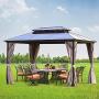 Erommy 10x13ft Outdoor Double Roof Hardtop Gazebo Canopy Aluminum Furniture Pergolas with Netting and Curtains for Garden,Patio,Lawns,Parties