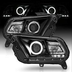 AmeriLite for 2010-2014 Ford Mustang Halogen Model Black Xtreme LED Halo Projector Replacement Headlights Pair - Passenger and Driver Side