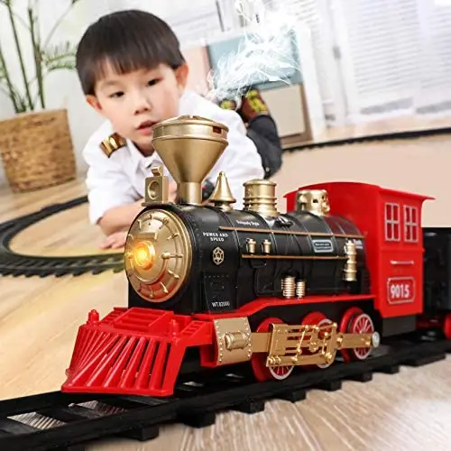 Temi Train Sets w/ Steam Locomotive Engine, Cargo Car and Tracks, Battery Operated Play Set Toy w/ Smoke, Light & Sounds, Perfect for Kids, Boys & Girls, Red