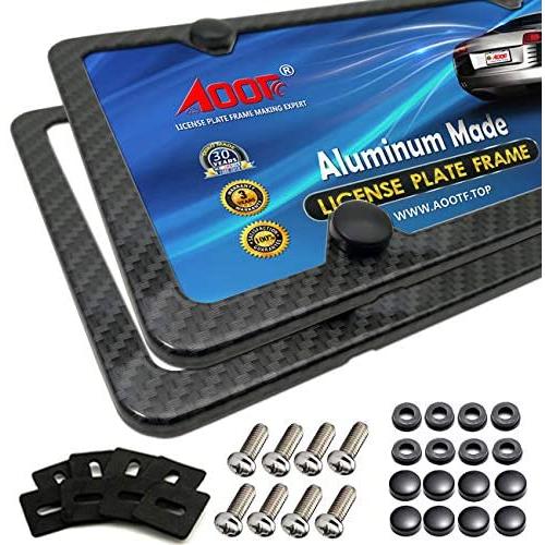 Aootf License Plate Frame Carbon Fiber -Aluminum License Plate Frame Printing Carbon Fiber Pattern & Frame Screw Kits Fine Slim Standard Size for USA Car (Aluminum Frame Carbon Fiber-4 Hole-2PC)