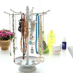 MyGift Vintage Style Whitewashed Metal 12 Hook Jewelry Organizer Tree Rack Stand w/Ring Dish Tray