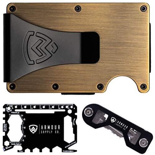 Armour Supply Co. RFID Blocking Wallet For Men With Money Clip, Multitool & Key Holder (Brass)