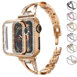 Bekomo Compatible with apple watch Band 38mm 42mm 40mm 44mm,1 pack bling Jewelry women Metal Strap and 2 pack Soft PC Bumper Protective Case Replacement for iWatch Series 5/4/3/2/1.