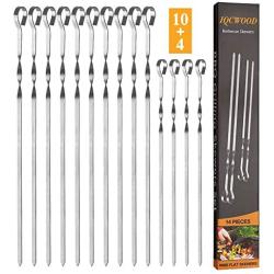 IQCWOOD Skewers, Barbecue Skewers, 14 Pieces Metal Skewers for Grilling, Stainless Steel 16.7'' Extra Long Shish Kabob Sticks 13.8'' Short Reusable Grilling Skewers Wide Flat BBQ Skewers