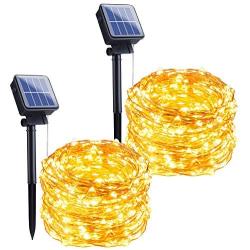 Outdoor Solar String Lights, 2 Pack 33Feet 100 Led Solar Powered Fairy Lights with 8 Lighting Modes Waterproof Decoration Copper Wire Lights for Patio Yard Trees Christmas Wedding Party (Warm White)