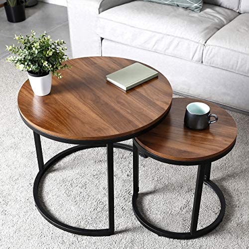 amzdeal Coffee Table for Living Room, Set of 2 Nesting Side Coffee Tables, Stable and Easy Assembly, Chipboard Table Top with Metal Frame - Large : Φ 23.6×19.7 inch, Small : Φ 15.7×16.3 inch, Walnut