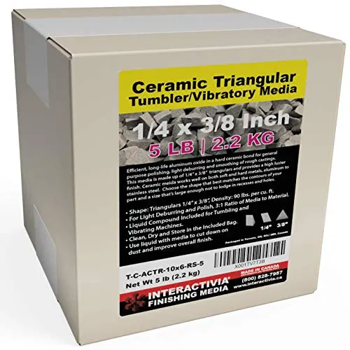 5 lbs Ceramic Triangular 1/4 x 3/8 for Deburring and Edge-Rounding Media for Steel, Stainless Steel, and Hard Metals - Liquid Finishing Compound and Clean, Dry and Store Bag Included