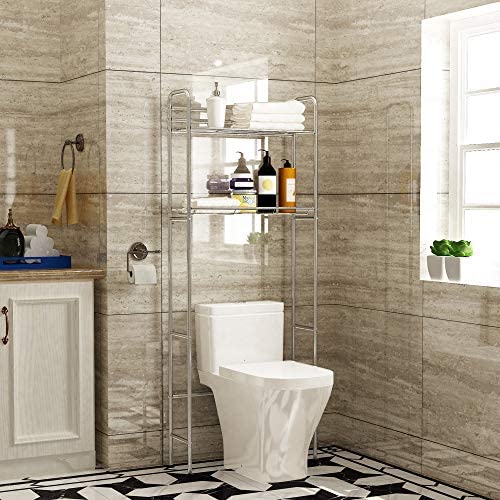 HOMEFORT Bathroom Space Saver,2-Tier Over the Toilet Storage Rack, Freestanding Metal Storage Shelves, Bathroom Shelf, Metal Shelf Organizer in Silver,24.02'' Wx8.07 Dx61.42'' H