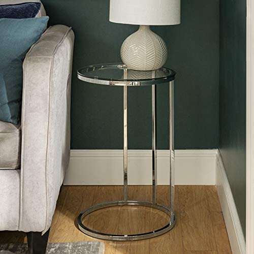 Walker Edison Ophelia Contemporary Metal and Glass Round C Accent Table, 16 Inch, Glass and Silver