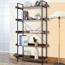 ECOTOUGE 5 Tier Bookcase, Vintage Industrial Style Open Storage Display Shelves Organizer with Metal Frame Rustic Book Shelf, Furniture for Collection for Home Office, Distressed Brown