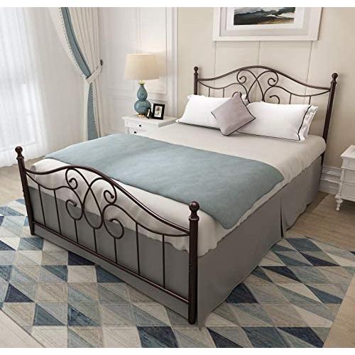 Vintage Sturdy Queen Size Metal Bed Frame with Headboard and Footboard Basic Bed Frame No Box Spring Needed ,Queen, Antique Brown.