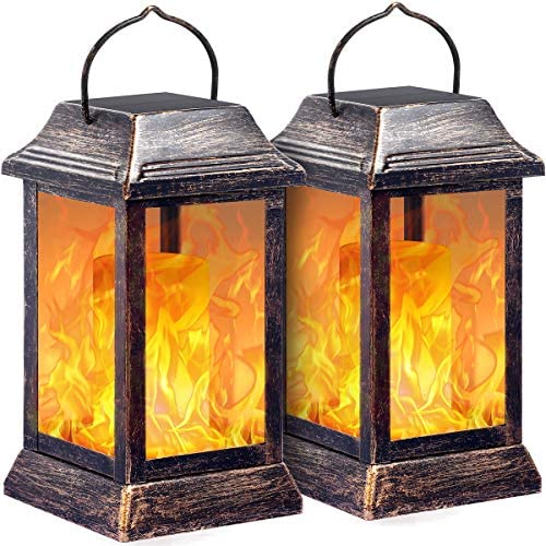 TomCare Solar lights Metal Flickering Flame Solar Lantern Outdoor Hanging Lanterns Lighting Heavy Duty Solar Powered Waterproof Umbrella LED Flame Lights for Garden Patio Pathway Deck Yard, 2 Pack
