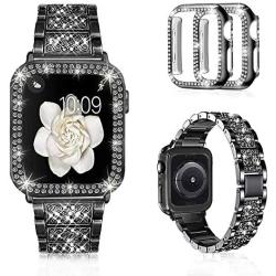 Mosonio Compatible with Apple Watch Band 38mm 40mm 42mm 44mm with Case Women, Jewelry Replacement Metal Wristband Strap with 2 Pack Bling PC Protective Cover for iWatch Series 6/5/4/3/2/1(Black)