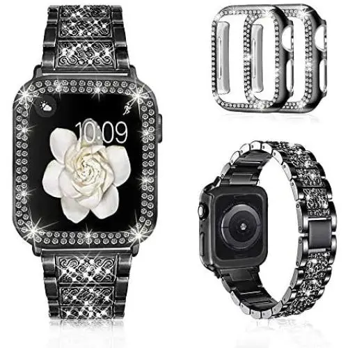 Mosonio Compatible with Apple Watch Band 38mm 40mm 42mm 44mm with Case Women, Jewelry Replacement Metal Wristband Strap with 2 Pack Bling PC Protective Cover for iWatch Series 6/5/4/3/2/1(Black) Mosonio Compatible with Apple Watch Band 38mm 40mm 42mm 44mm with Case Women, Jewelry Replacement Metal Wristband Strap with 2 Pack Bling PC Protective Cover for iWatch Series 6/5/4/3/2/1(Black)