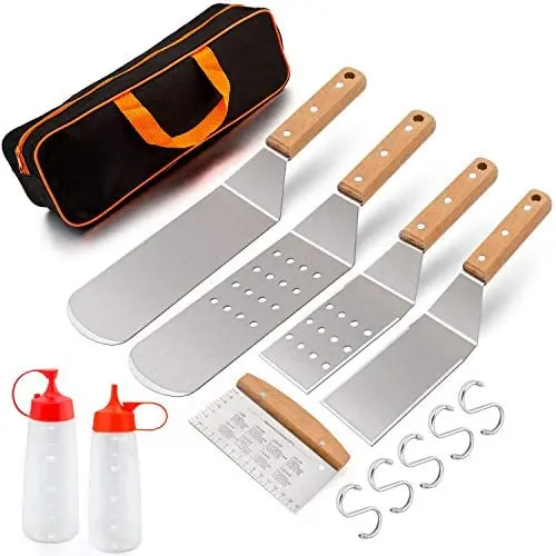Leonyo Griddle Accessories Set of 8, Stainless Steel Metal Spatula - Grill Spatula Scraper for Flat Top Teppanyaki BBQ Cooking, Carry Case & Gift Box, S Hooks & Rivets Wooden Handle, Man Gift Leonyo Griddle Accessories Set of 8, Stainless Steel Metal Spatula - Grill Spatula Scraper for Flat Top Teppanyaki BBQ Cooking, Carry Case & Gift Box, S Hooks & Rivets Wooden Handle, Man Gift