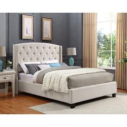 Roundhill Furniture Nantarre Fabric Tufted Wingback Upholstered Bed with Nailhead Trim, King, Tan