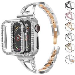 Bekomo Compatible with apple watch Band 38mm 42mm 40mm 44mm,1 pack bling Jewelry women Metal Strap and 2 pack Soft PC Bumper Protective Case Replacement for iWatch Series 5/4/3/2/1.