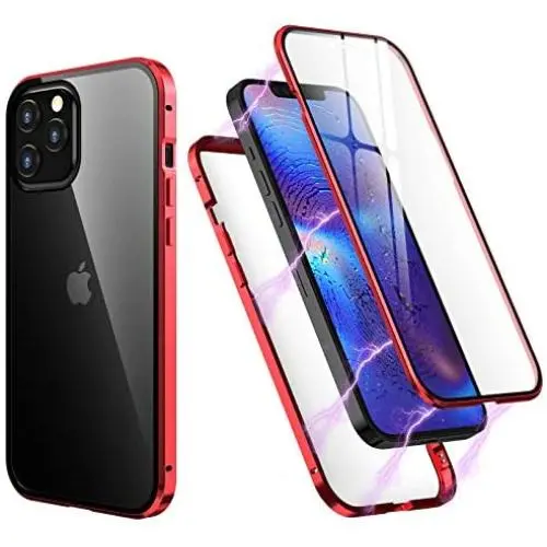 HENGHUI Case Compatible with iPhone 12 Mini Magnetic Clear Glass Case ，Aluminum Metal Bumper 360 Full-Body Protecive Cover Built-in Screen Protector (Red, iPhone12Mini)