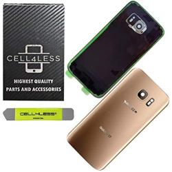 CELL4LESS Compatible Back Glass Cover Back Door w/Installed Camera Lens, Custom Removal Tool & Installed Adhesive Replacement for Samsung Galaxy S7 - All Models G930 - OEM Replacement (Gold)