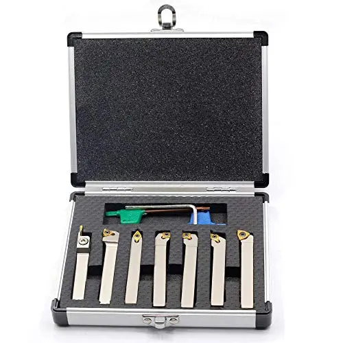 OSCARBIDE 3/8'' Shank 7 Pieces/Set,Indexable Lathe Turning Tool Holder CNC Heavy-Duty Nickel Plated Lathe Bit Set for Turning Grooving Threading with Tin Coated Carbide Inserts