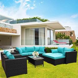 Rattaner Outdoor PE Wicker Furniture Set 7 Pieces Patio Garden Conversation Cushioned Seat Couch Sofa Chair Set-Turquoise Cushion